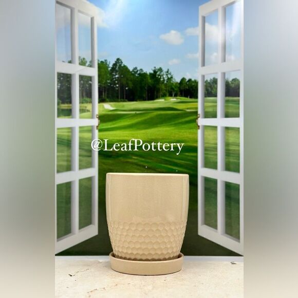 Honeycomb Beige Ceramic Planter Pot with Saucer Attached - Picture 9 of 9